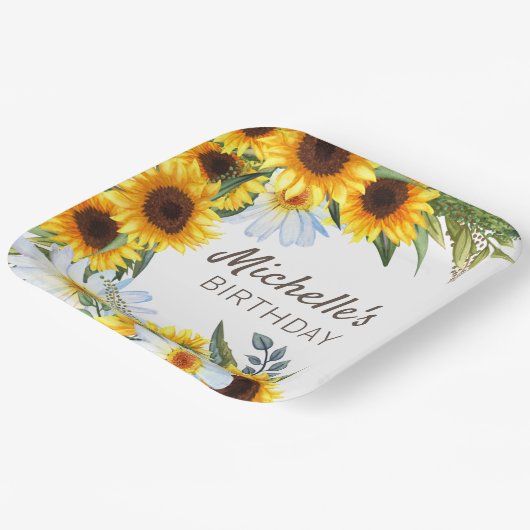 Gele zonnebloemen Witte Dagen Birthday Name Papieren Bordje (Gebogen)