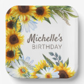 Gele zonnebloemen Witte Dagen Birthday Name Papieren Bordje (Voorkant)