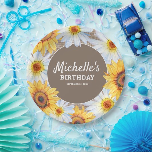 Gele zonnebloemen Witte Dagen Burlap Birthday Papieren Bordje (Feest)