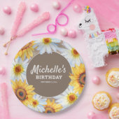 Gele zonnebloemen Witte Dagen Burlap Birthday Papieren Bordje (Feest)