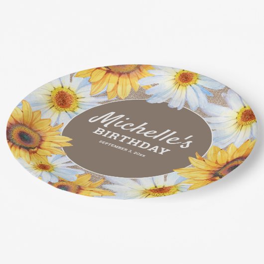 Gele zonnebloemen Witte Dagen Burlap Birthday Papieren Bordje (Gekanteld)