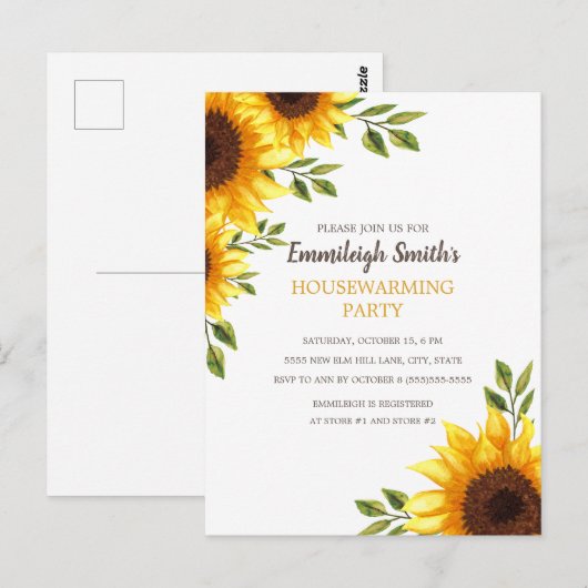 Gele zonnebloemen Witte Housewarming Party Briefkaart (Voorkant / Achterkant)