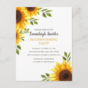 Gele zonnebloemen Witte Housewarming Party Briefkaart