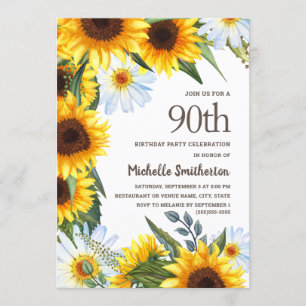 Gele Zonnebloemen Witte Madeliefjes 90ste Verjaard Kaart