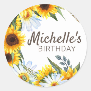 Gele Zonnebloemen Witte Margrieten Verjaardagsnaam Ronde Sticker