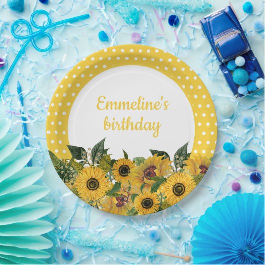Gele zonnebloemen Witte poka Dots Birthday Party Papieren Bordje (Feest)