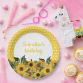 Gele zonnebloemen Witte poka Dots Birthday Party Papieren Bordje (Feest)