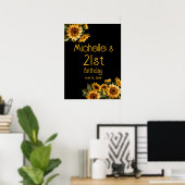 Gele zonnebloemen zwart 21e verjaardag poster (Thuiskantoor)