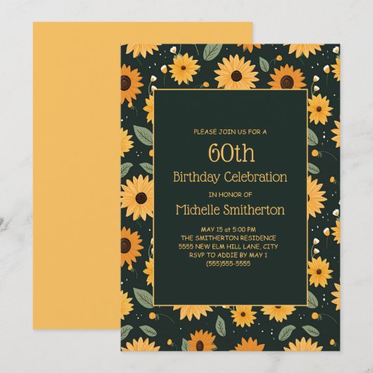 Gele Zonnebloemen Zwart 60e Verjaardag Kaart (Voorkant / Achterkant)