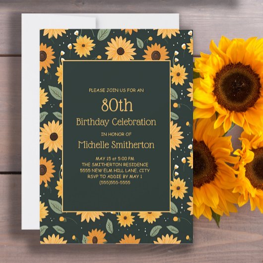 Gele Zonnebloemen Zwart 80e Verjaardag Kaart
