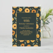 Gele Zonnebloemen Zwart 90e Verjaardag Kaart (Staand voorkant)