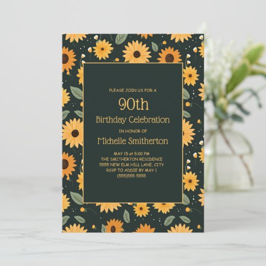 Gele Zonnebloemen Zwart 90e Verjaardag Kaart (Staand voorkant)