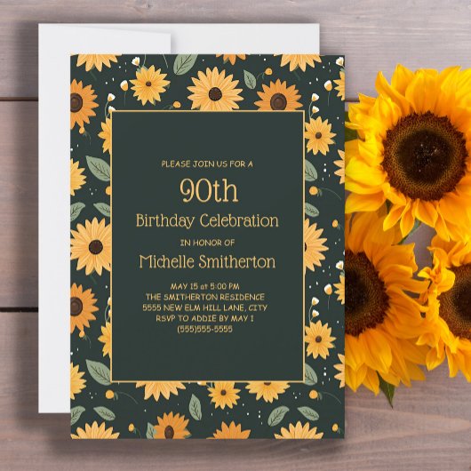 Gele Zonnebloemen Zwart 90e Verjaardag Kaart