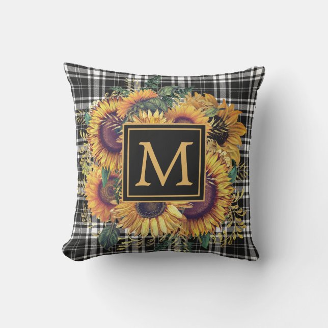 Gele zonnebloemen Zwart Wit Gekeperde Monogram  Buitenkussen (Voorkant)