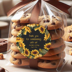 Gele Zonnebloemen Zwarte Verjaardag Bedankt Ronde Sticker