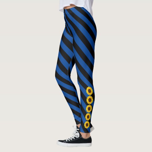 Gele zonnebloempjes Zwart-blauwe streep Leggings (Links)