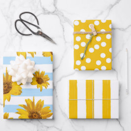 Gele zonnebloemvlekken en strepen patroon inpakpapier vel