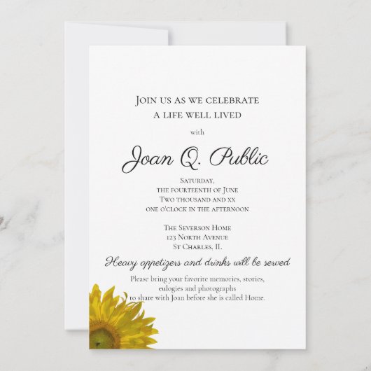 Gele Zonnebloesems Levende Begrafenisfeest Kaart (Achterkant)