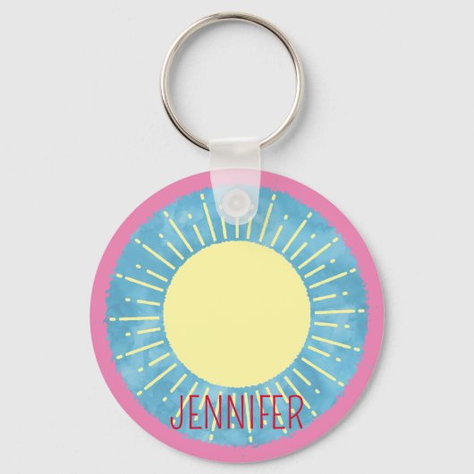 Gele Zonneschijn in Blauwe Hemel Douanenaam Sleutelhanger (Voorkant)