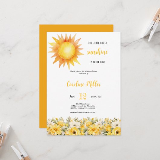 GELE ZONNESCHIJN MEISJE BABYSHOWER UITNODIGING (Voorkant / Achterkant in situ)