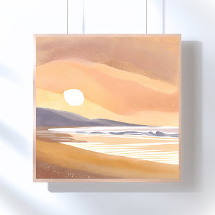 Gele zonsondergang kust   Aquarel luchtige schilde Poster