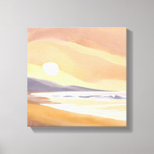 Gele Zonsondergangskust   Aquarel Luchtige Schilde Canvas Afdruk