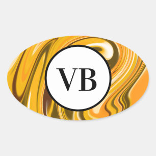 Gele Zwarte acryl gietmarmer voeg naam monogram to Ovale Sticker