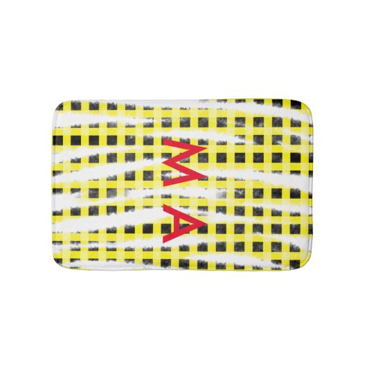 Gele zwarte checkboard: naam monogram naam laat badmat (Voorkant)