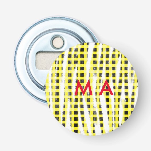 Gele zwarte checkboard: naam monogram naam laat button flesopener (Voorkant)