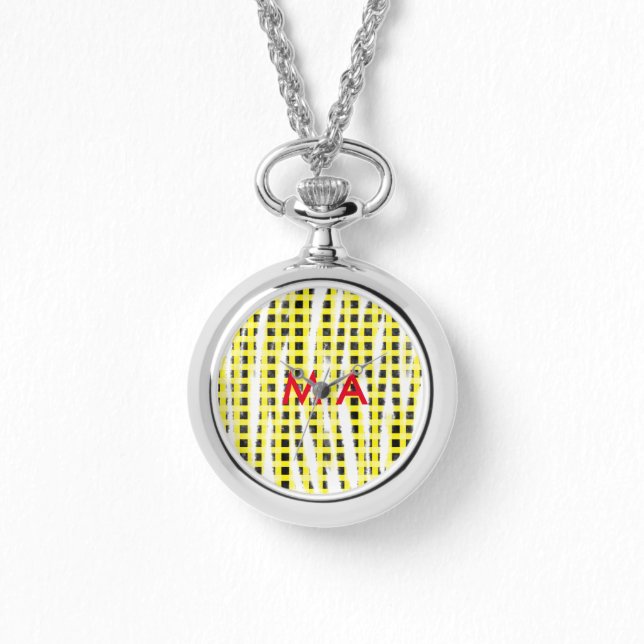 Gele zwarte checkboard: naam monogram naam laat horloge (Voorkant)