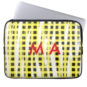 Gele zwarte checkboard: naam monogram naam laat laptop sleeve