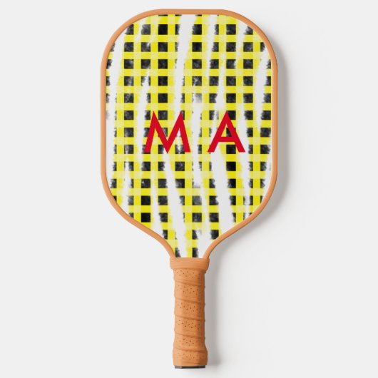 Gele zwarte checkboard: naam monogram naam laat pickleball paddle (Voorkant)