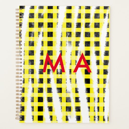 Gele zwarte checkboard: naam monogram naam laat planner (Voorkant)