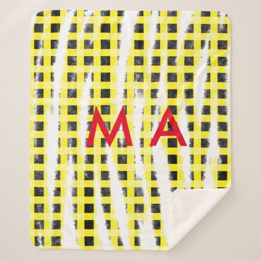 Gele zwarte checkboard: naam monogram naam laat sherpa deken (Voorkant)