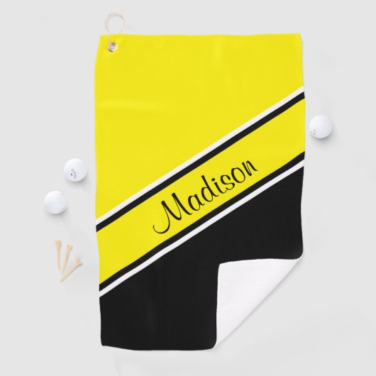 Gele zwarte diagonaal Stripe Script-naam Golfhanddoek (Insitu)