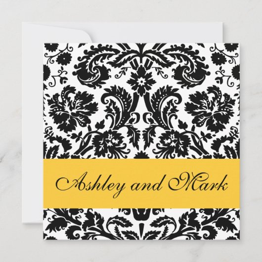 Gele zwarte Floral Damask Wedding Invitations Kaart (Voorkant)