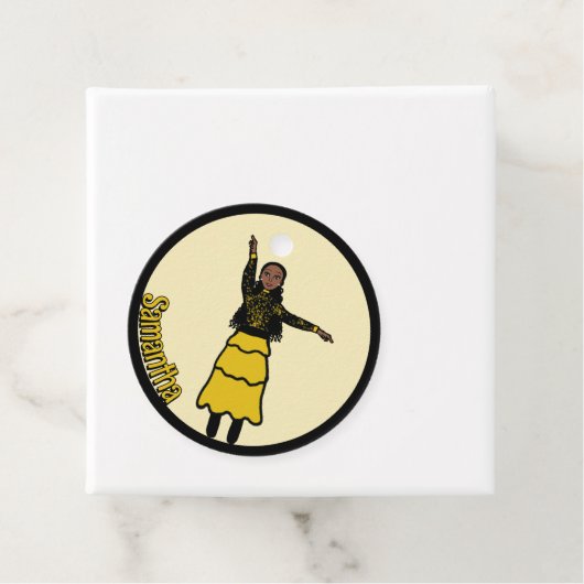 Gele zwarte gelaagde danser #1 bedankjes labels (In situ)