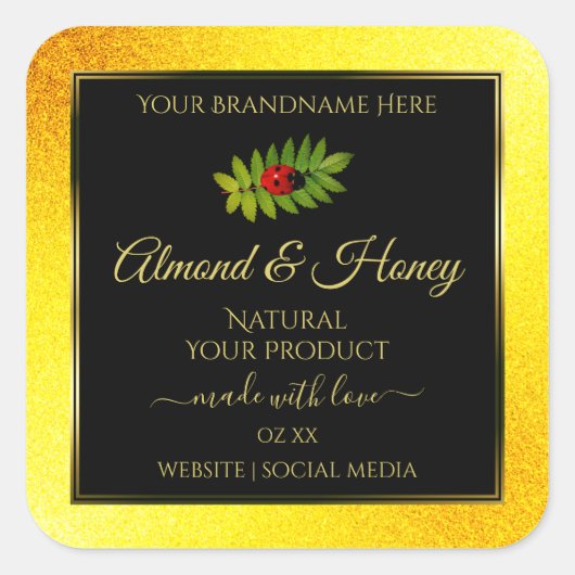 Gele zwarte Glitter-productlabels Ladybug Leaf Vierkante Sticker (Voorkant)