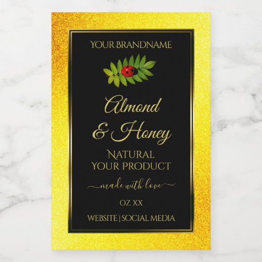 Gele zwarte Glitter-productlabels Ladybug Leaf Voedselcontainer Etiket (Enkel label)