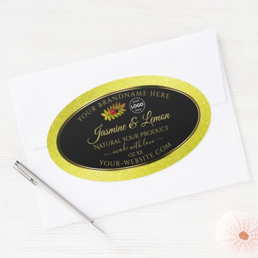 Gele zwarte Glitter-productlabels Ladybug-Logo Ovale Sticker (Envelop)