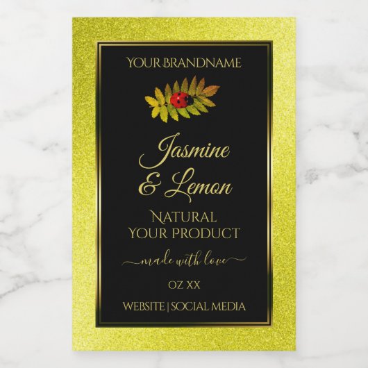 Gele zwarte Glitter-productlabels met Ladybug Voedselcontainer Etiket (Enkel label)