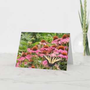 Gele zweepstaartenvlieg op roze bloemen kaart