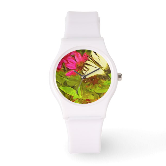 Gele Zwemstaartvlinder op bloemen Abstract Horloge (Voorkant)
