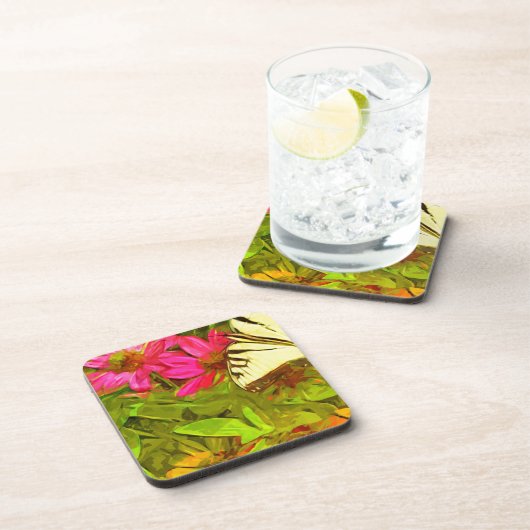 Gele Zwemstaartvlinder op bloemen Abstract Onderzetter (Rechterzijde)