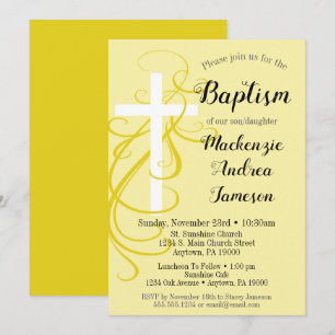 Gele zwirl Cross Baptism Invitation Girl Boy Kaart