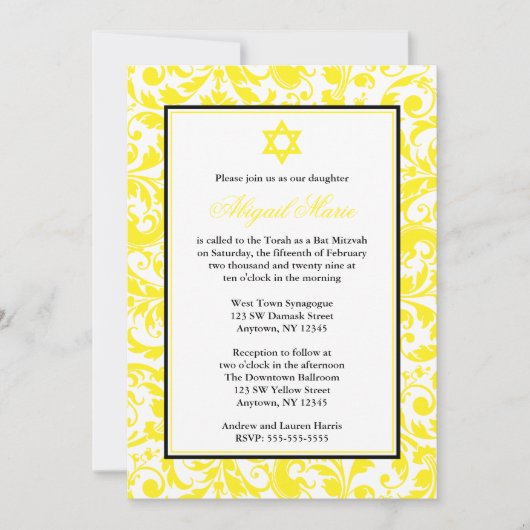 Gele Zwirl Damask Bat Mitzvah Invitaties Kaart (Voorkant)