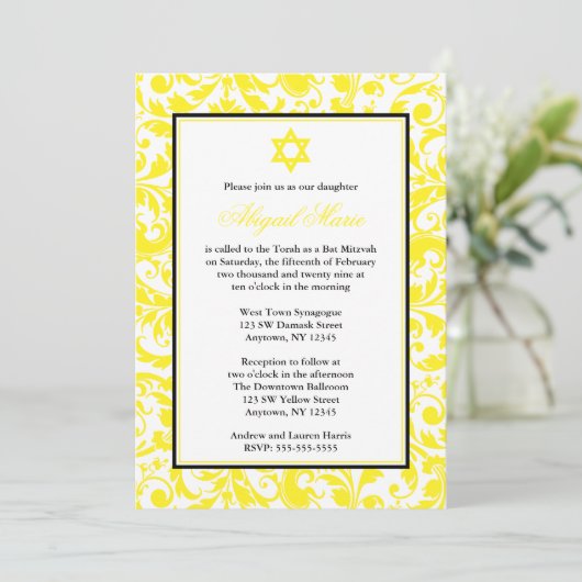 Gele Zwirl Damask Bat Mitzvah Invitaties Kaart
