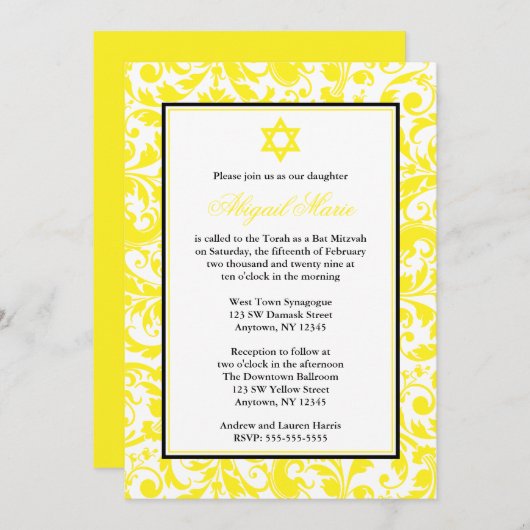 Gele Zwirl Damask Bat Mitzvah Invitaties Kaart (Voorkant / Achterkant)