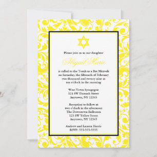 Gele Zwirl Damask Bat Mitzvah Invitaties Kaart