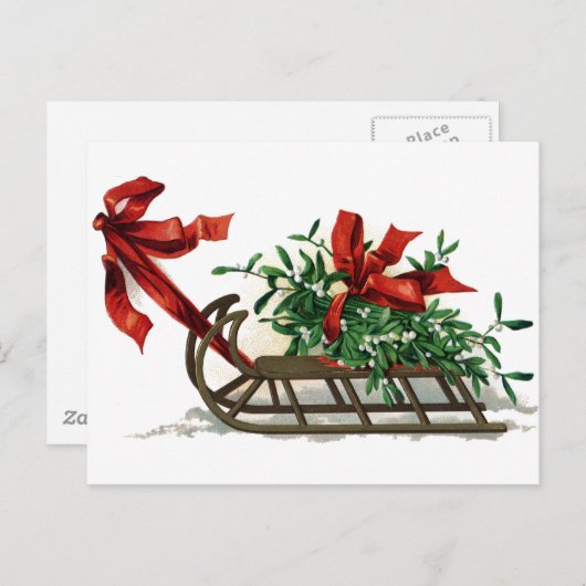 Geleid met een mistletoe in rood lintje briefkaart (Voorkant / Achterkant)